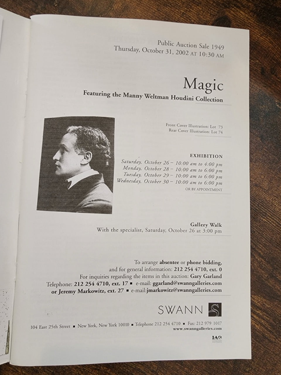 Auction Program of The Manny Weltman Houdini Collection from SWANN GALLERIES