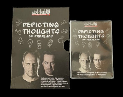 The image shows a product called 'Depicting Thoughts by Paralabs' with a pack of playing cards. The packaging is predominantly black with white and red text, featuring images of two men and doodle-like drawings of card symbols.