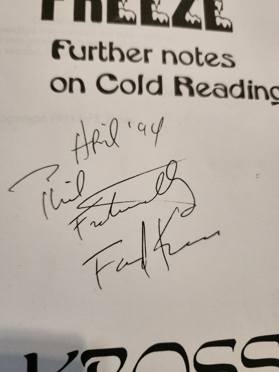 From The Back of the Deep Freeze: Further Notes on Cold Reading - Fred Kross - SIGNED