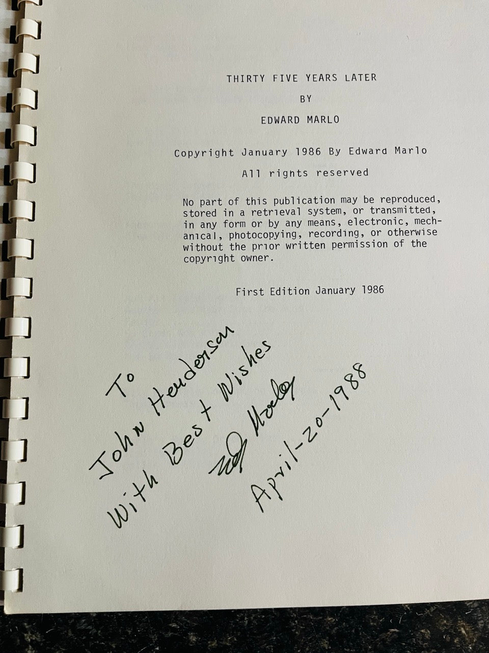 Thirty Five Years Later - Edward Marlo - SIGNED