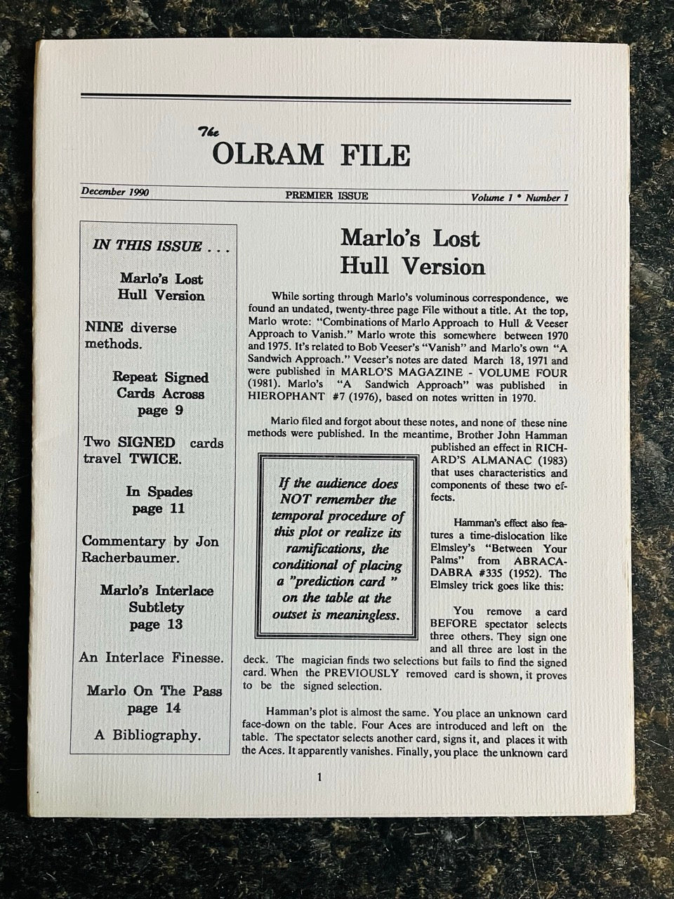 The Olram File, Vol.1 #1 Issue