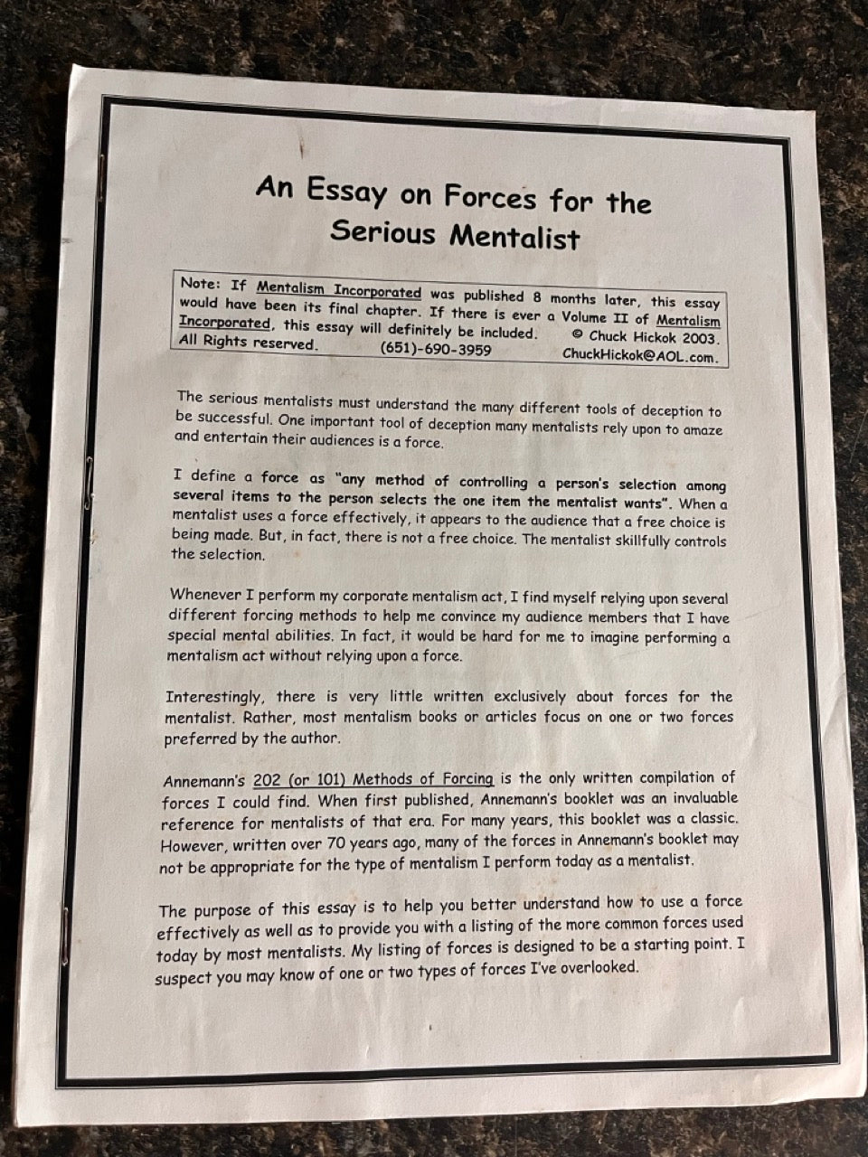 An Essay on Forces for the Serious Mentalist - Chuck Hickok
