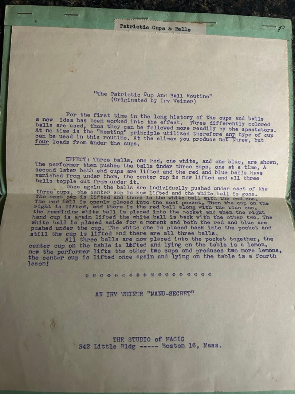 The Patriotic Cup & Ball Routine - Irv Weiner - SIGNED