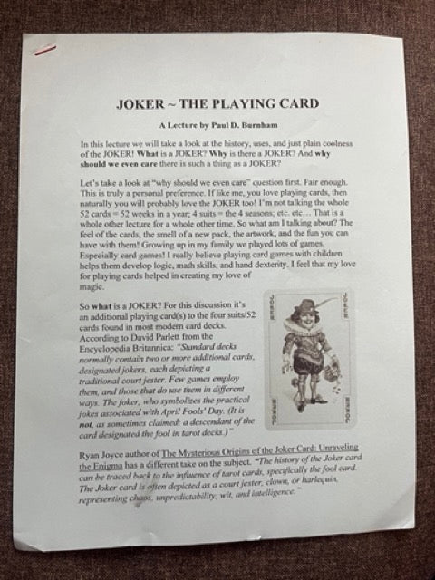Joker - The Playing Card - Paul D Burnham Lecture Notes