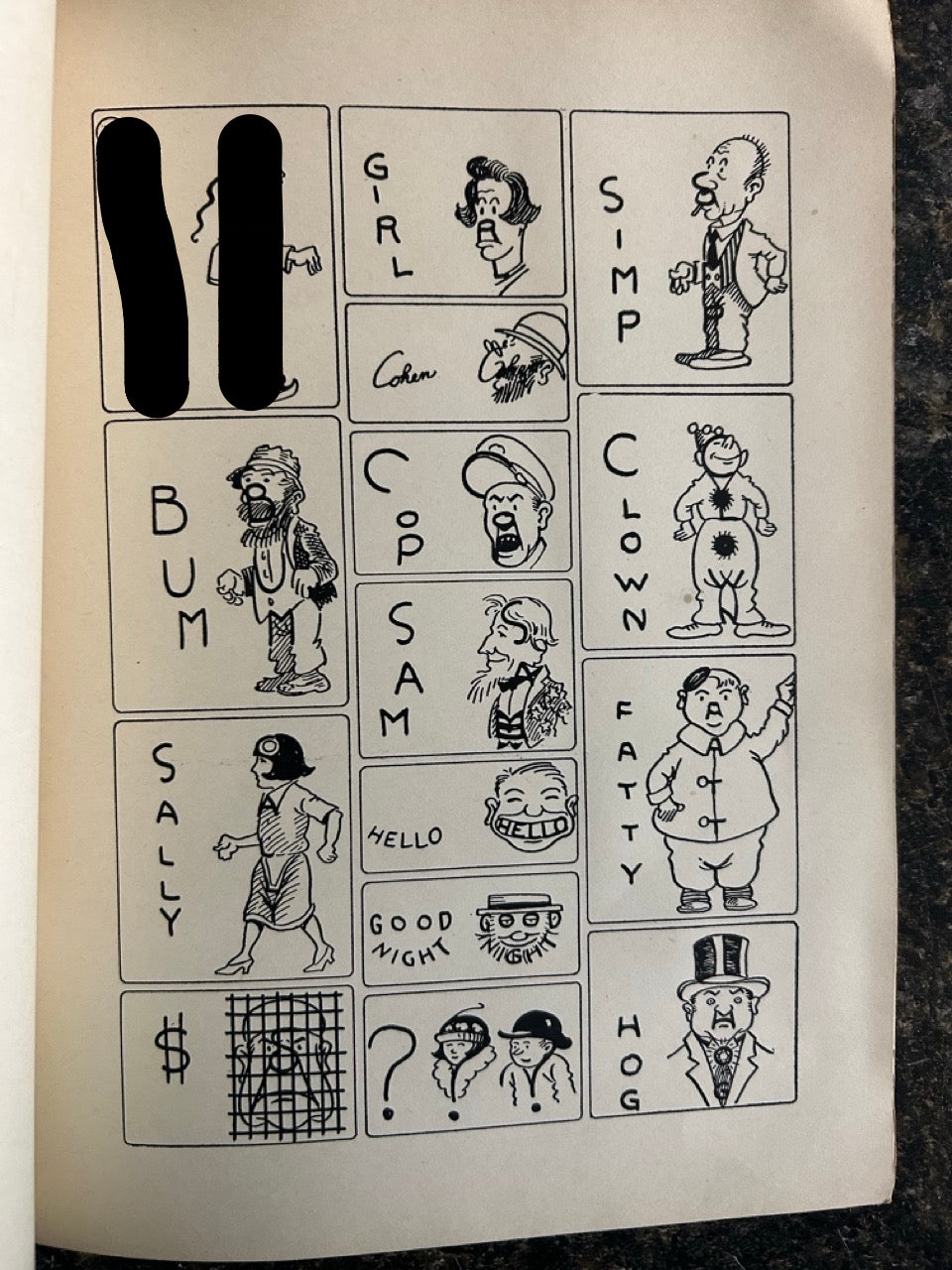 A printed page with black cartoon-style drawings and labels on an off-white sheet, photographed against a dark countertop. The page contains multiple small panels with illustrated figures and words such as GIRL, SIMP, BUM, COP, SAM, CLOWN, FATTY, SALTY, HOG, and others.