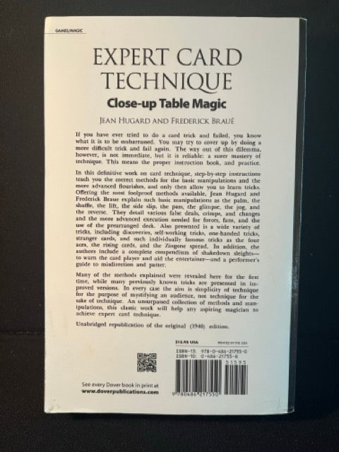 Expert Card Technique: Close-Up Table Magic - Hugard & Braue - Dover edition (USED)